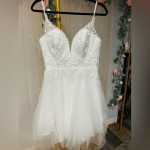 Lace-Embellished White Mini Bridal Gown